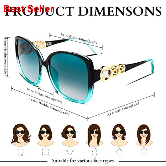 Oversized Square Frame Sunglasses Polarized UV Protection Pearl Accents